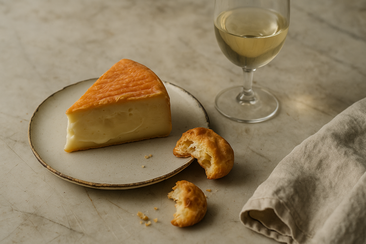 Fromage à croûte lavée, verre de Bourgogne blanc et gougère sur un comptoir, accords mets-vins audacieux en Bourgogne
