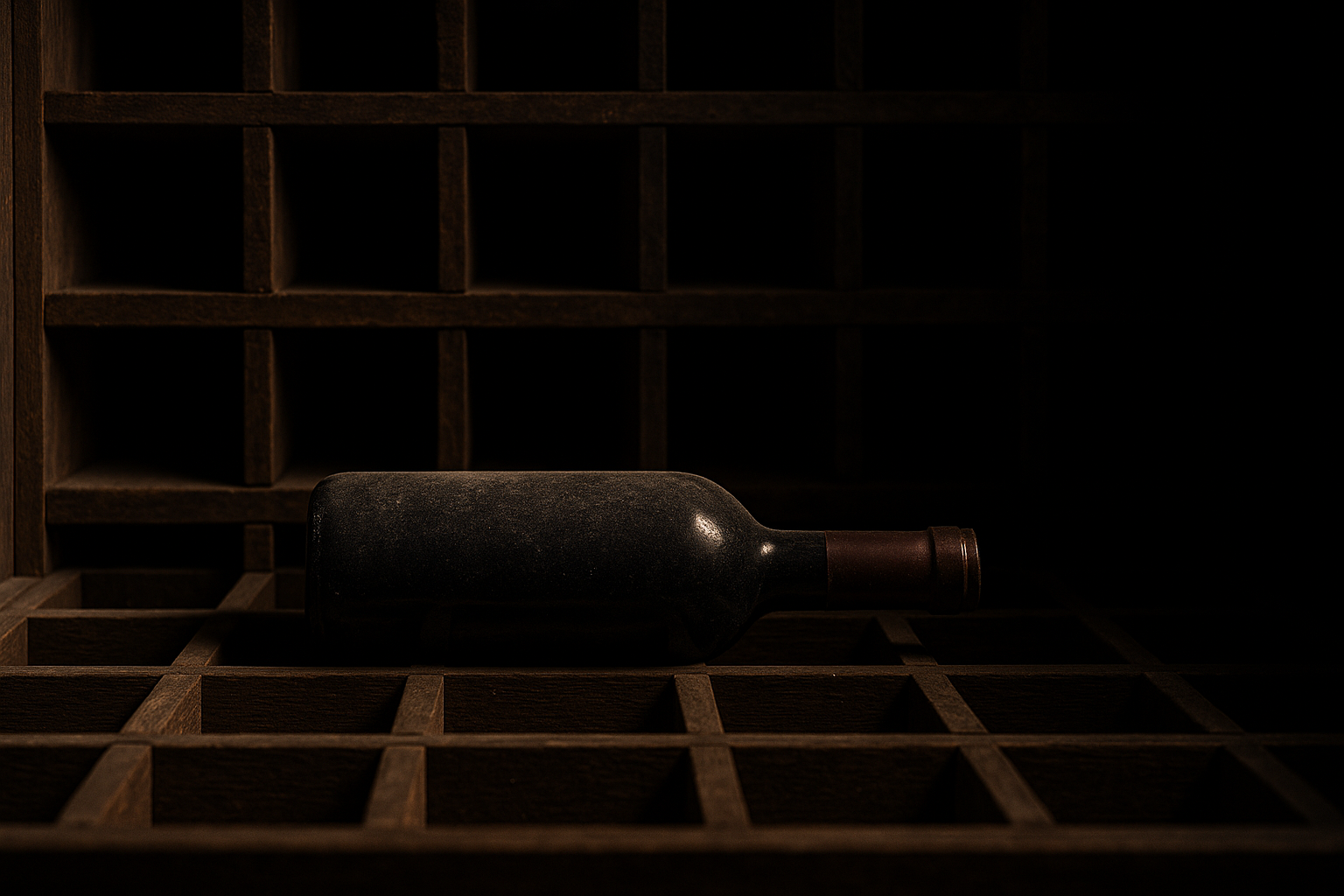 Une seule bouteille de vin de Bourgogne poussiéreuse dans un casier de cave en bois vide, illustrant la rareté des allocations de grands crus