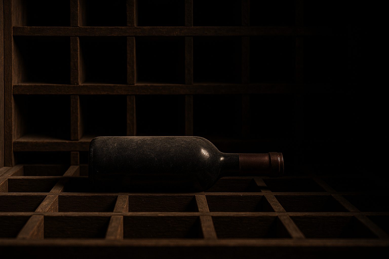 Une seule bouteille de vin de Bourgogne poussiéreuse dans un casier de cave en bois vide, illustrant la rareté des allocations de grands crus