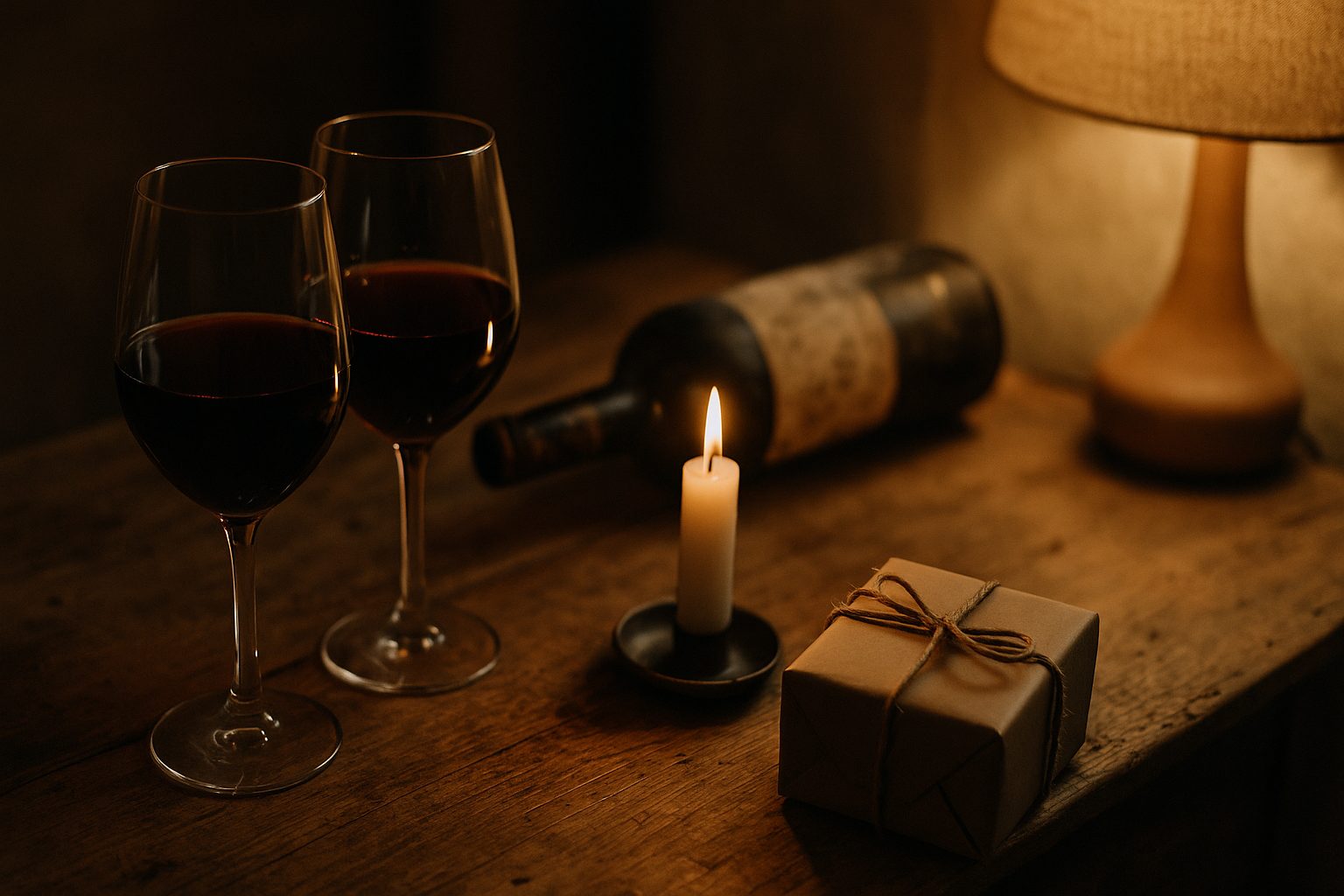 Two glasses of red wine and a candle on a wooden table to celebrate a wedding anniversary in Burgundy