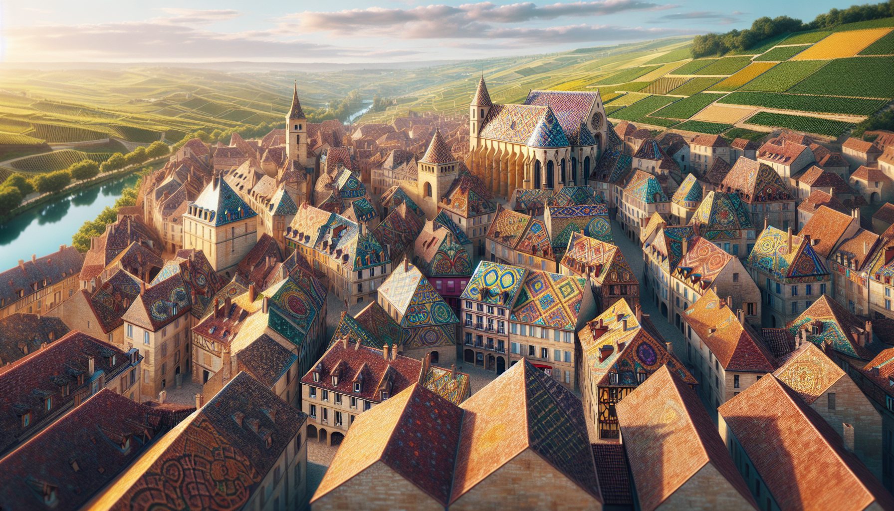 Aerial view of Beaune in Burgundy with the colourful glazed tile rooftops of the Hôtel-Dieu and surrounding vineyards