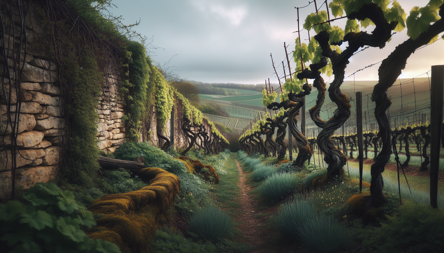 Vignes cultivées en biodynamie en Côte de Beaune, Bourgogne, avec couvert végétal entre les rangs