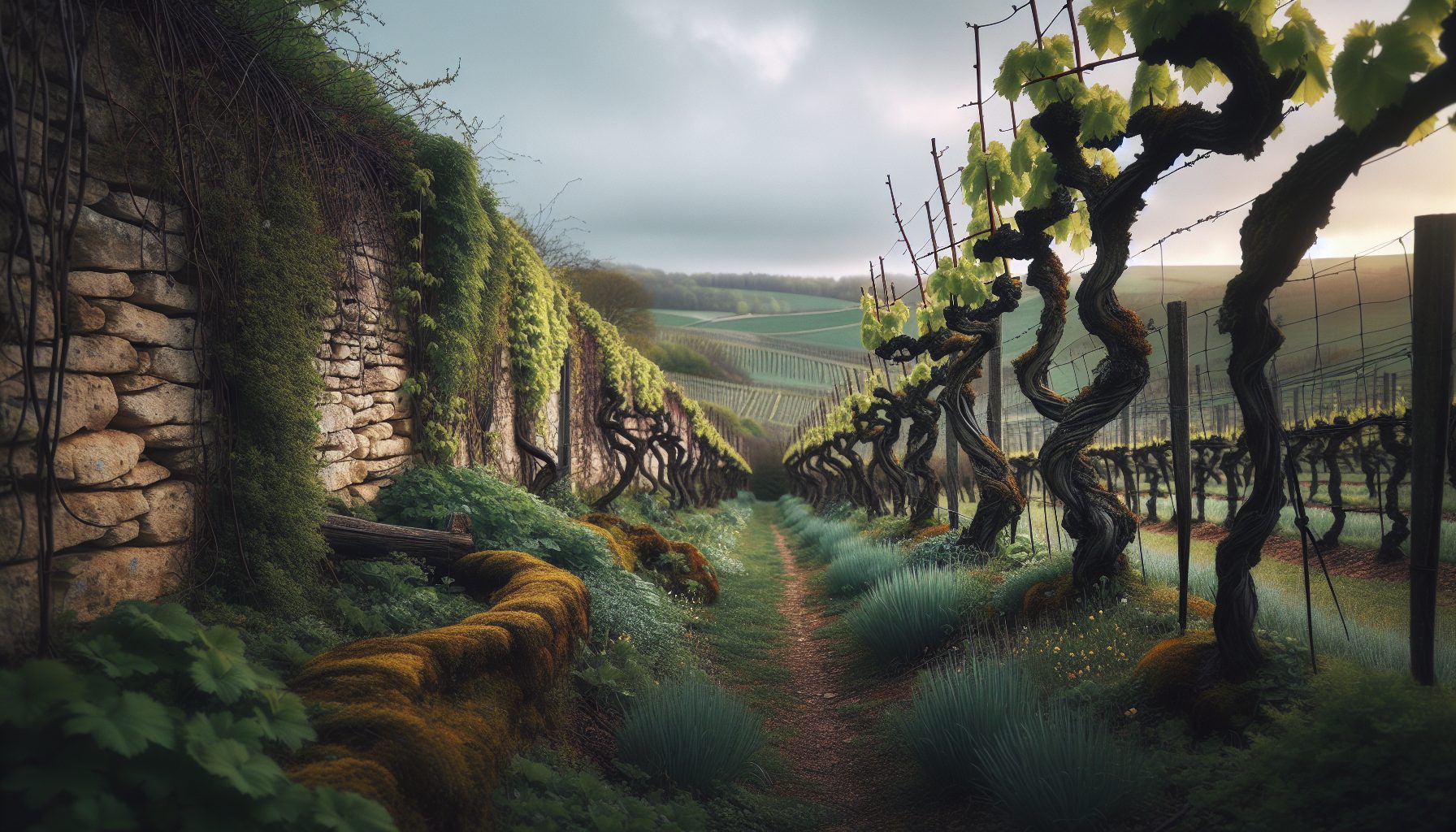 Vignes cultivées en biodynamie en Côte de Beaune, Bourgogne, avec couvert végétal entre les rangs