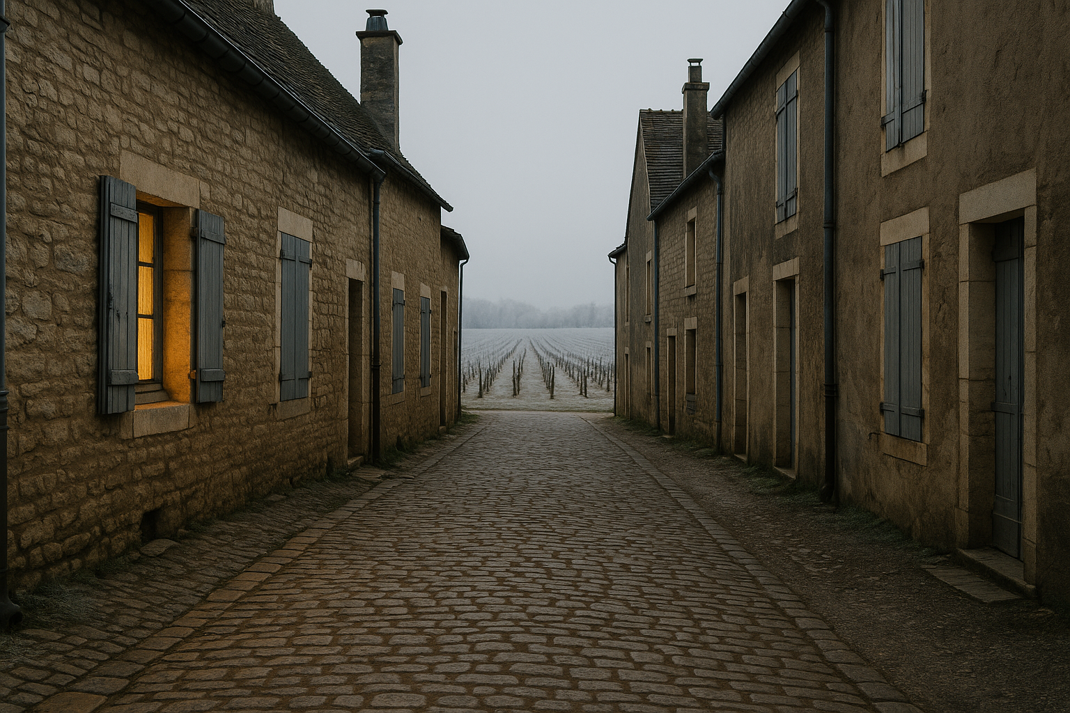 Rue d'un village viticole de Bourgogne sous le givre en hiver, Côte de Nuits, Bourgogne