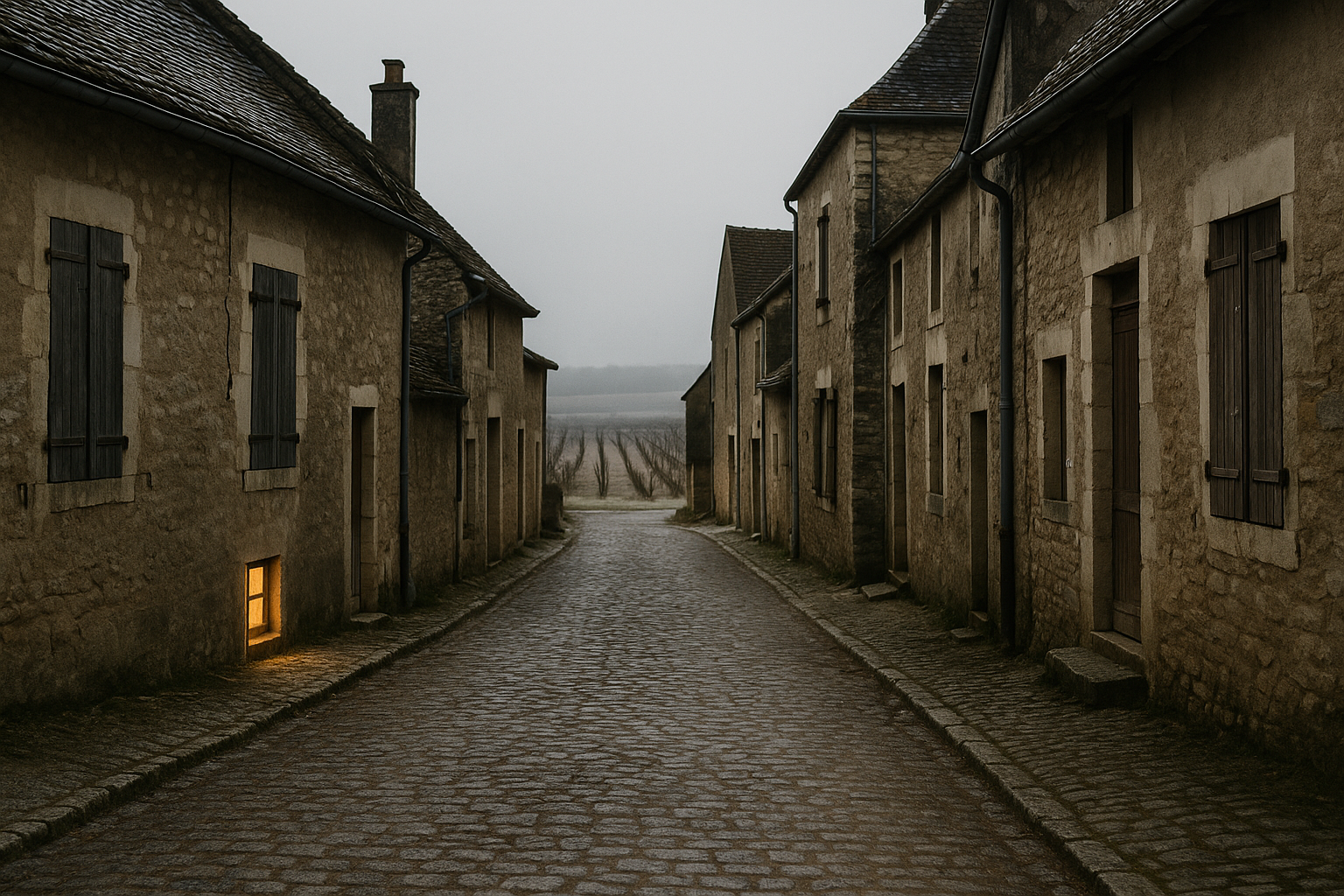 Street of a Burgundy wine village under frost in winter, Côte de Nuits, Burgundy