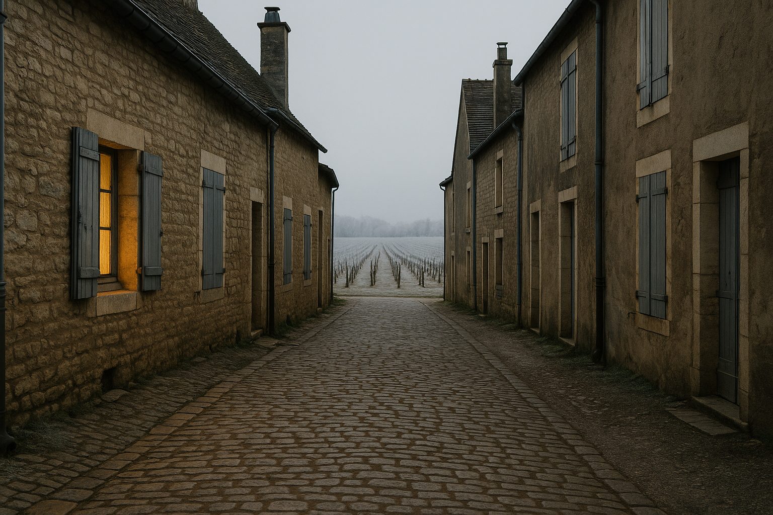 Rue d'un village viticole de Bourgogne sous le givre en hiver, Côte de Nuits, Bourgogne
