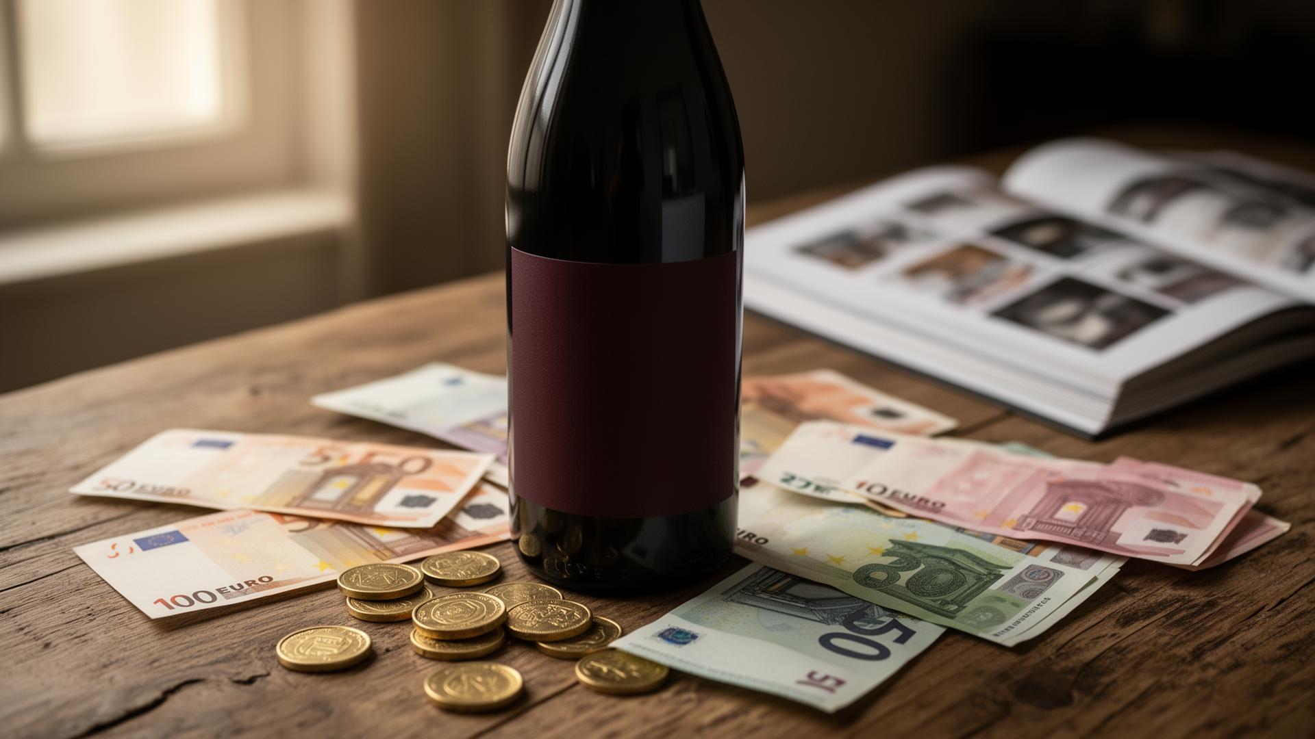 Main tenant un verre de vin rouge de Bourgogne devant les vignes de la Côte de Nuits, lumière naturelle douce, mur de pierre calcaire