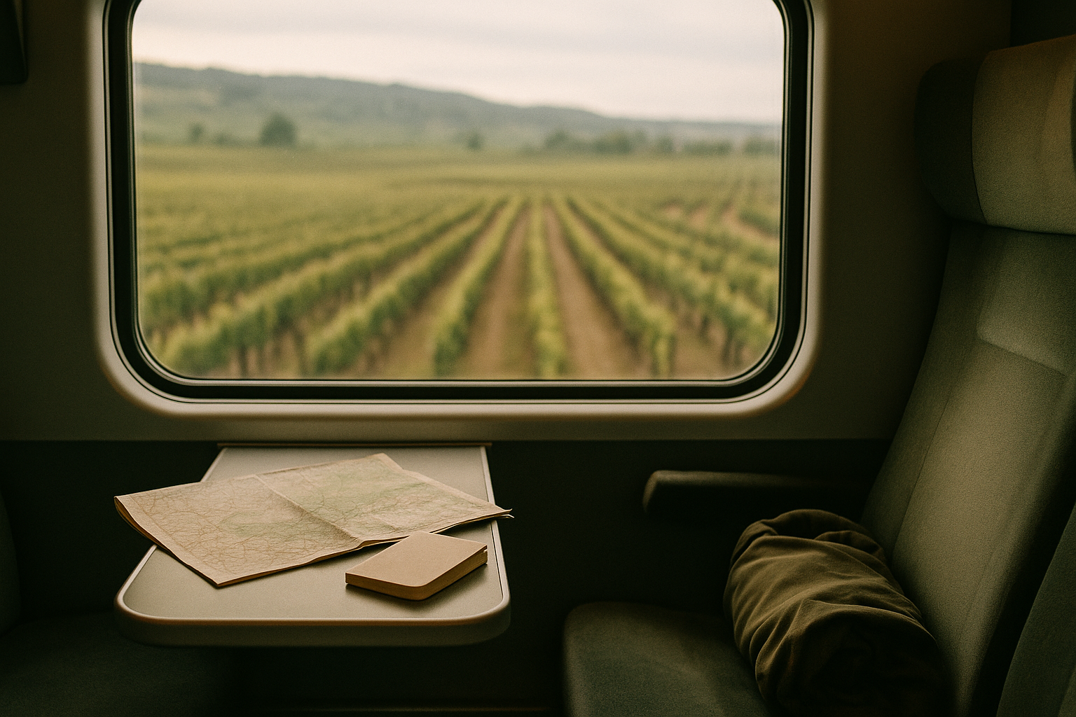 Regional train window framing rows of Burgundy vineyards during a car-free wine trip