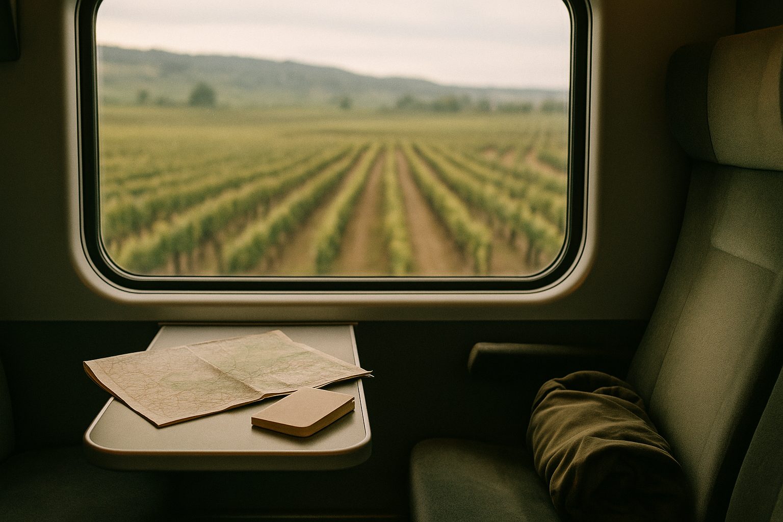 Fenêtre de train régional encadrant des rangs de vignes de Bourgogne pendant un séjour sans voiture