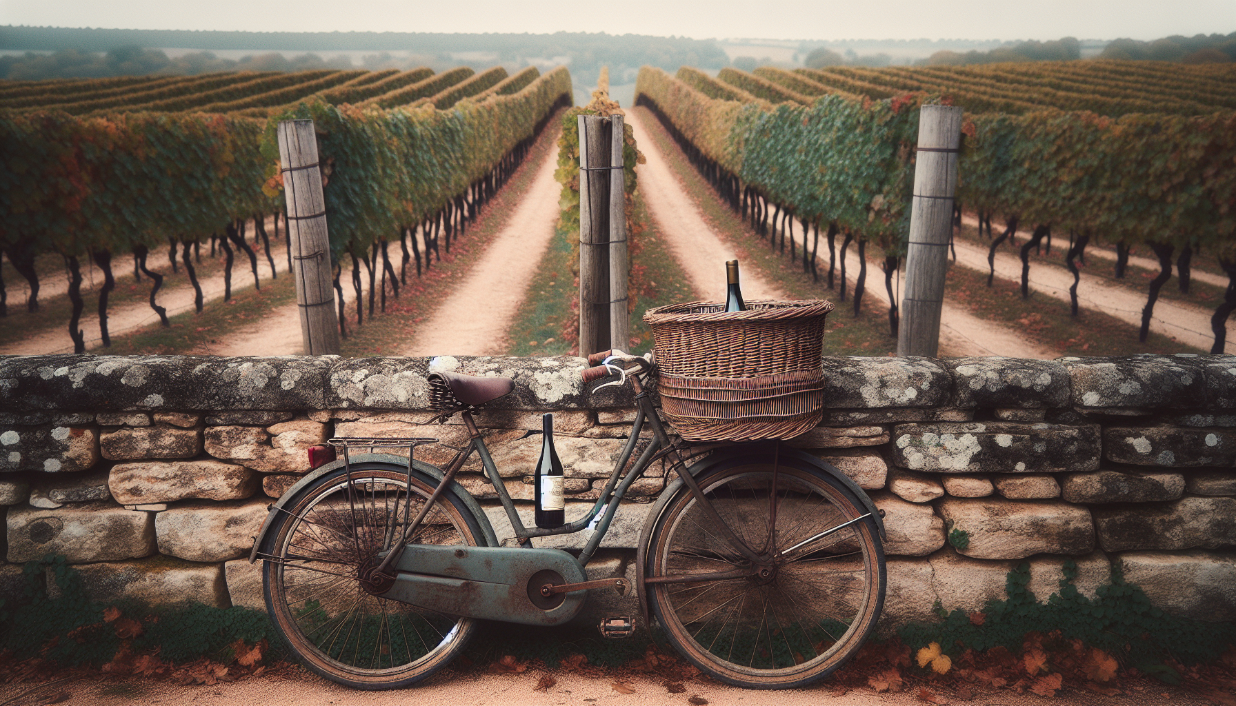 Vélo posé contre un muret de pierre dans les vignobles de la Côte de Beaune, Bourgogne