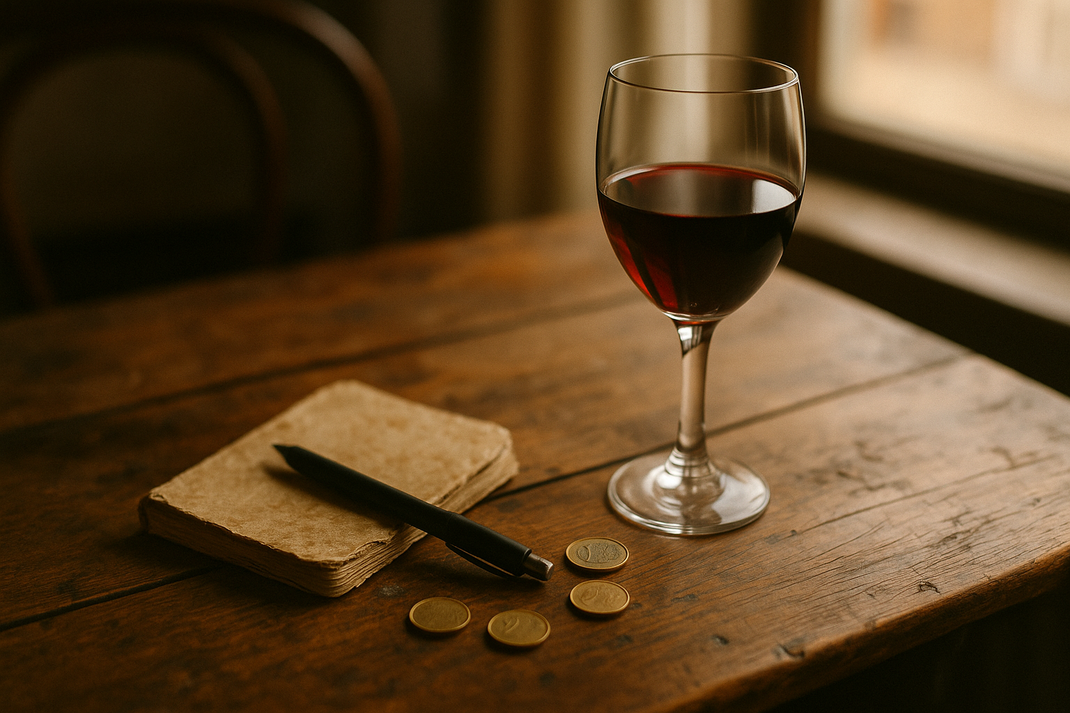 Carnet de budget et stylo à côté d'un verre de vin et de pièces sur une table de bistrot en Bourgogne