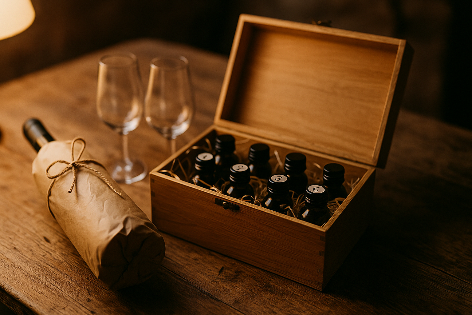 Bouteille de vin emballée en cadeau avec coffret de dégustation et verres, idée cadeau pour amateur de vin en Bourgogne
