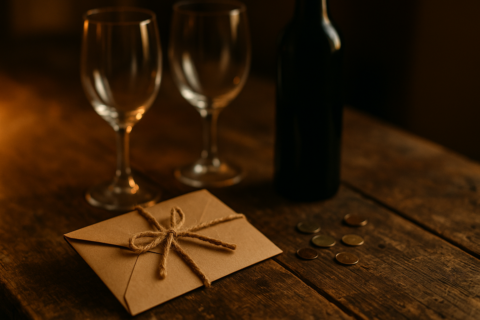 Enveloppe cadeau en papier kraft, verres à vin et bouteille sur une table en bois pour un cadeau commun sur le thème du vin
