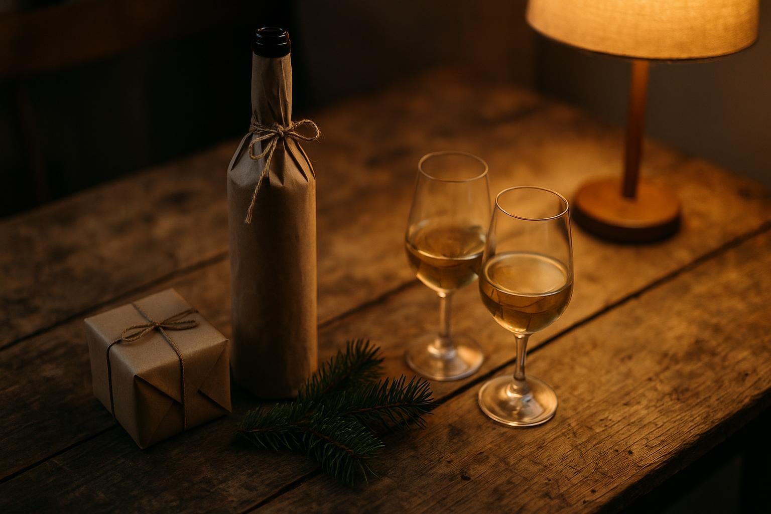 Bouteille de vin emballée en cadeau de Noël avec ruban et deux verres de dégustation sur une table en bois en Bourgogne