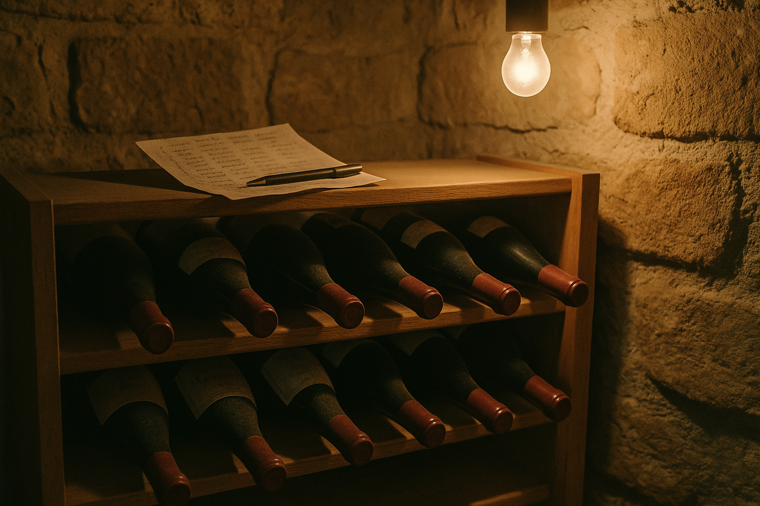 Cave bourguignonne d'amateur avec dix-huit bouteilles couchées sur un casier en bois, liste manuscrite et stylo posés sur le rangement, Bourgogne