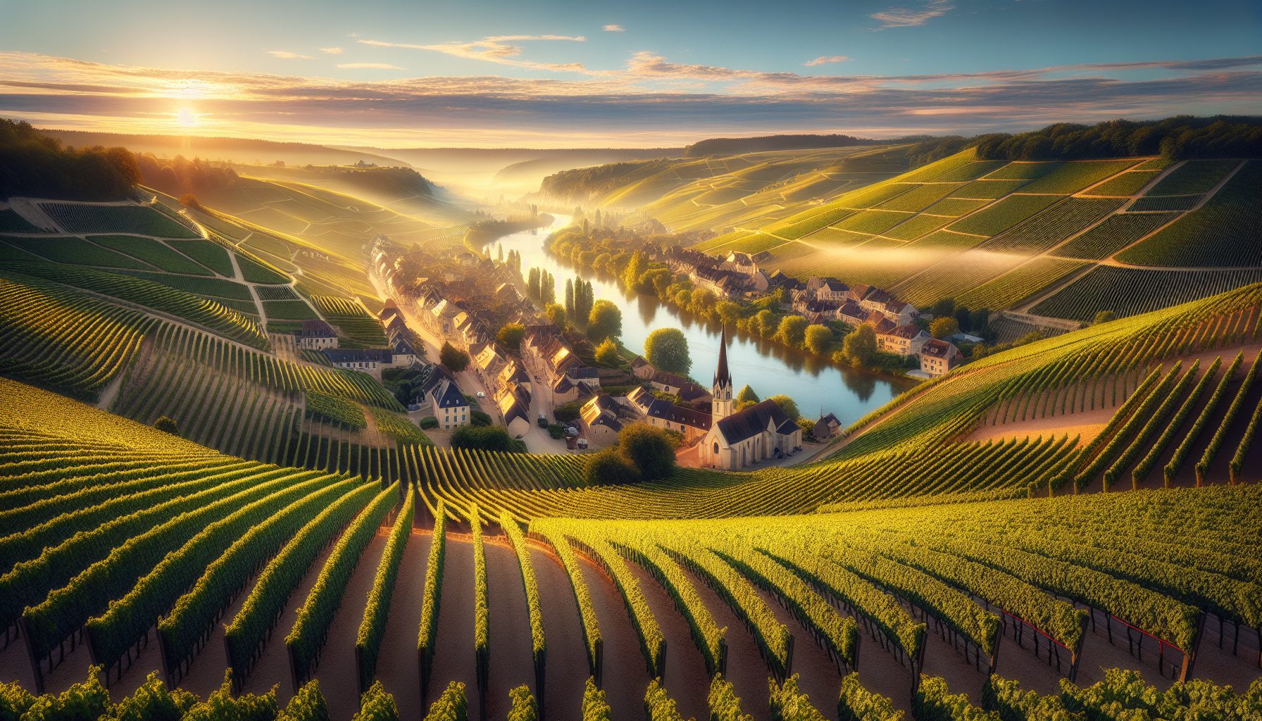 Vignoble de Chablis au lever du soleil avec vue sur les coteaux et le village en arrière-plan