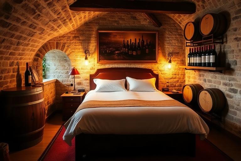 Wine B&B in Dijon — wine suite with exposed stone and wine-themed décor