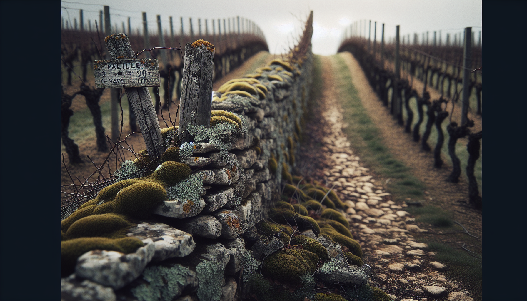 Mur de pierre et portail en fer rouillé fermant un clos viticole en Bourgogne, vignes de Pinot Noir en arrière-plan, Côte de Nuits