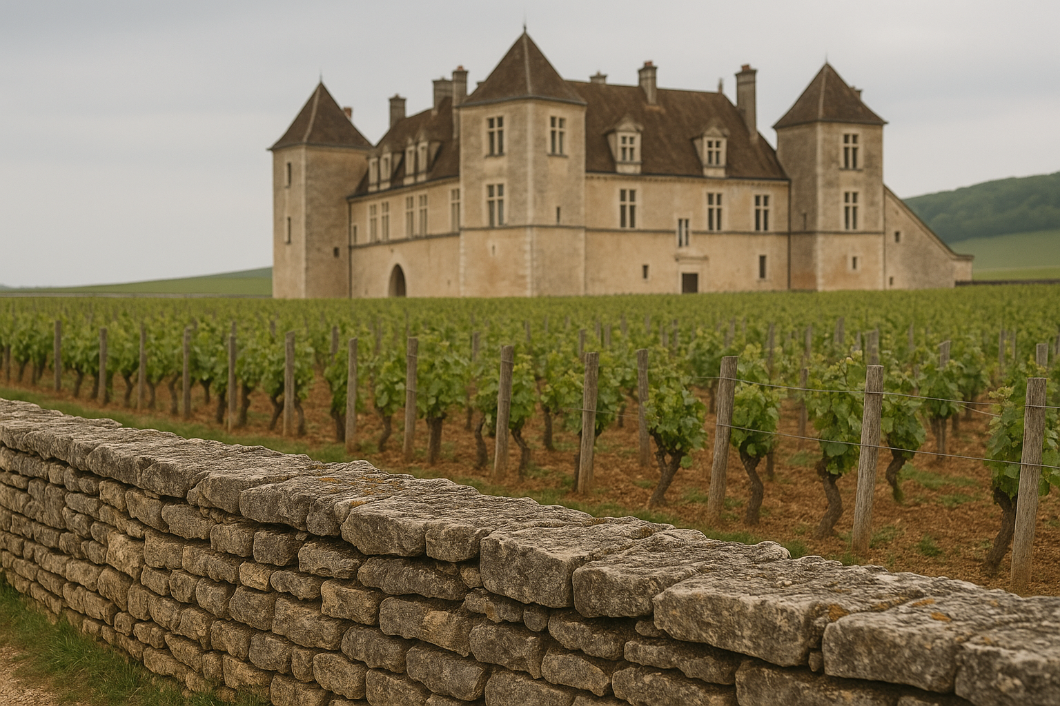 Mur de pierre du Clos de Vougeot et vignes de Pinot Noir devant le château Renaissance, Côte de Nuits, Bourgogne