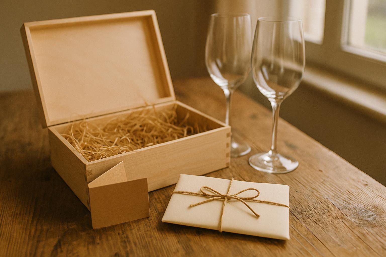 Coffret cadeau ouvert et carte cadeau posés sur une table en bois, avec deux verres de vin, pour choisir entre coffret générique et carte cadeau d'hébergeur en Bourgogne