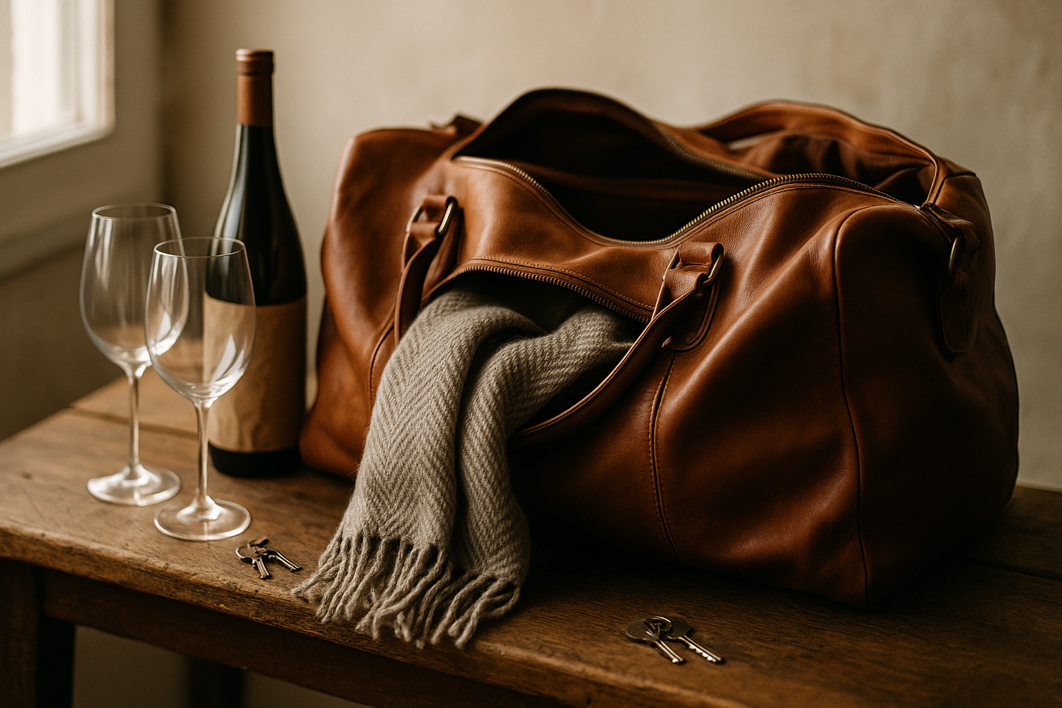 Open weekend bag, glasses and a wrapped bottle on a wooden bench: planning a few days in Burgundy