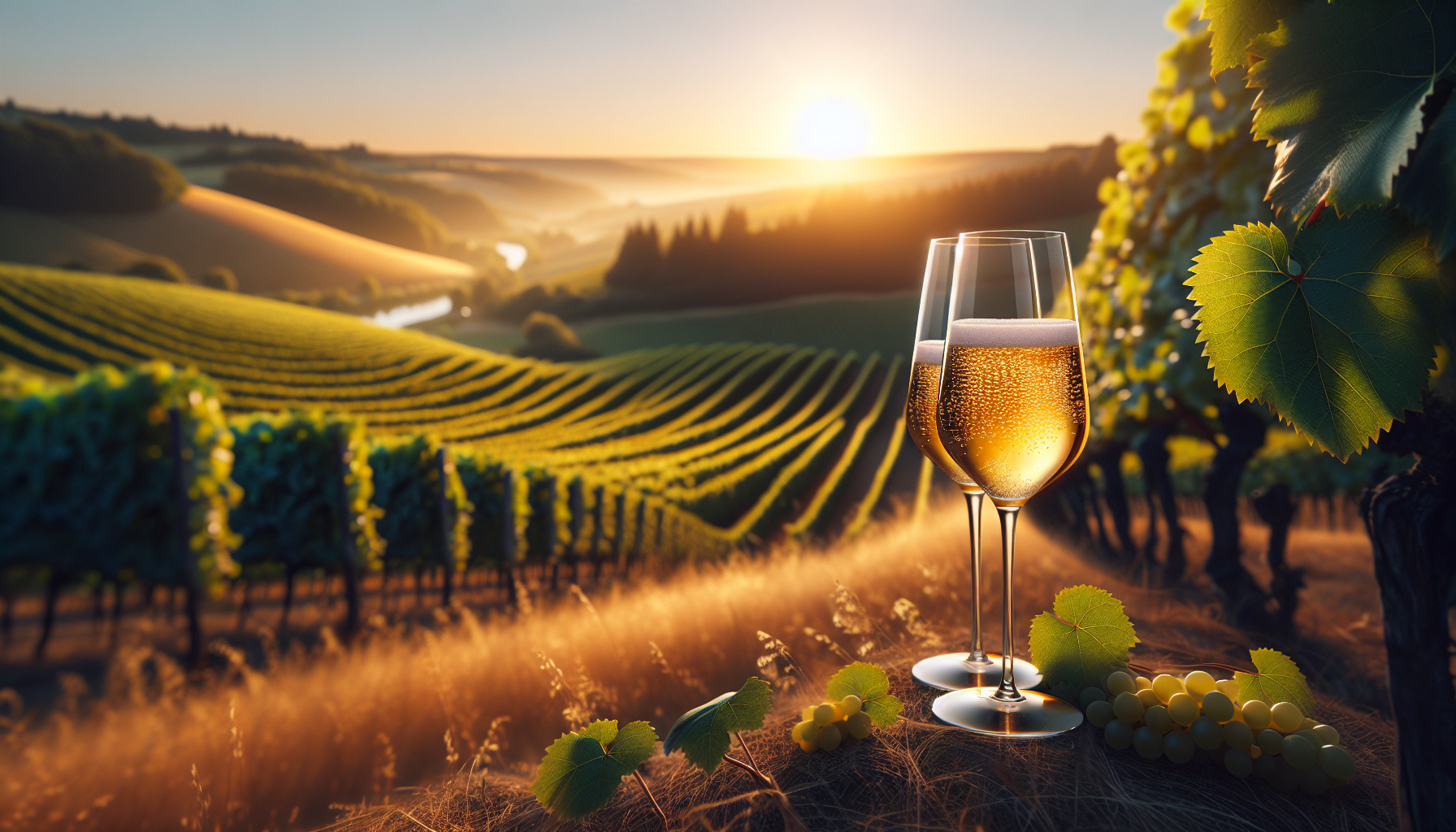 Coupe de Crémant de Bourgogne avec des bulles fines dans un vignoble de la Côte d'Or au coucher du soleil