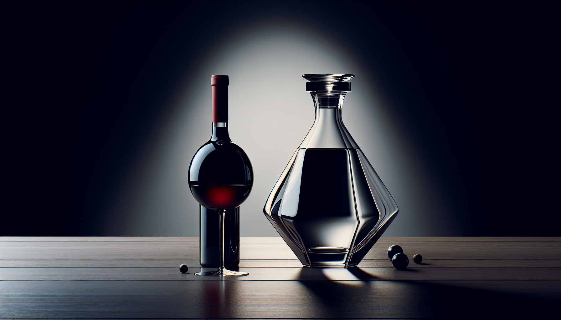 Carafe en cristal et bouteille de grand Bourgogne sur table en bois, débat décantation Pinot Noir