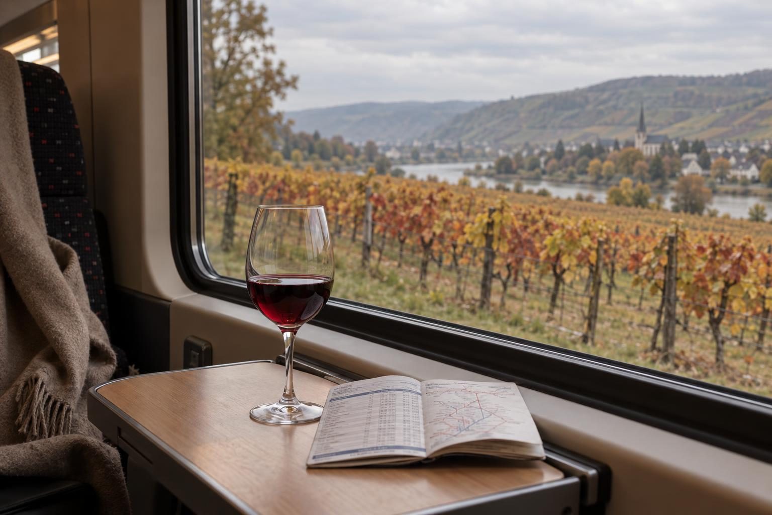 Regional train window framing rows of Burgundy vines with a glass of wine on the table, for tasting wine without driving