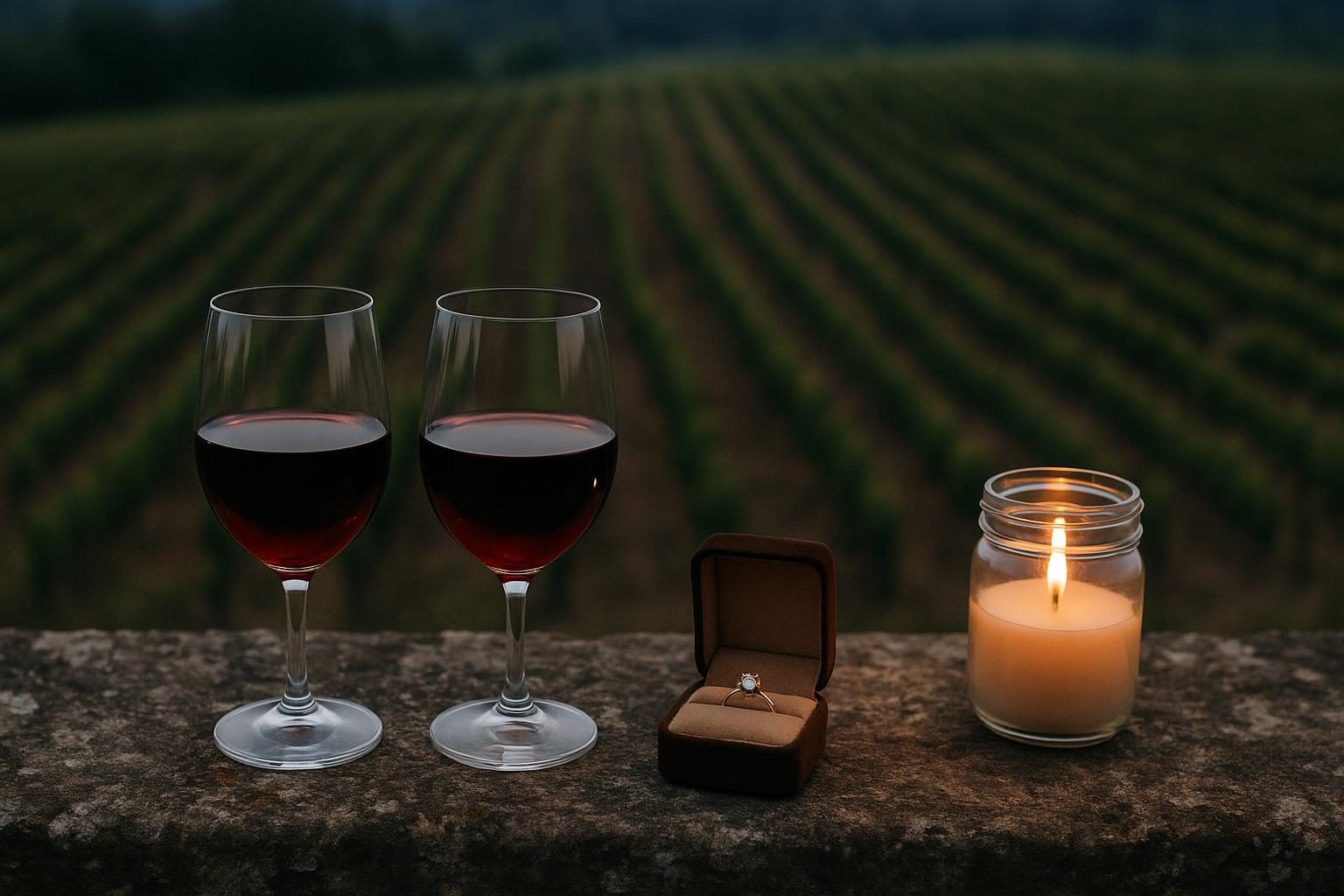 Two glasses of red wine and a ring box on a stone ledge facing Burgundy vines, for a marriage proposal