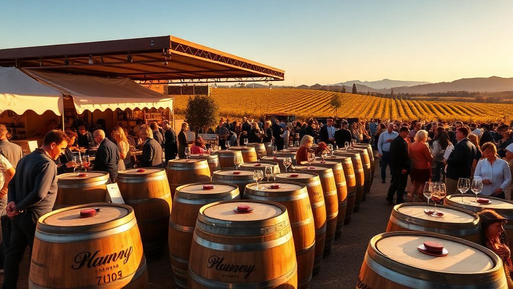 Festival viticole en Bourgogne, dégustation de vin en plein air entre tonneaux et vignobles