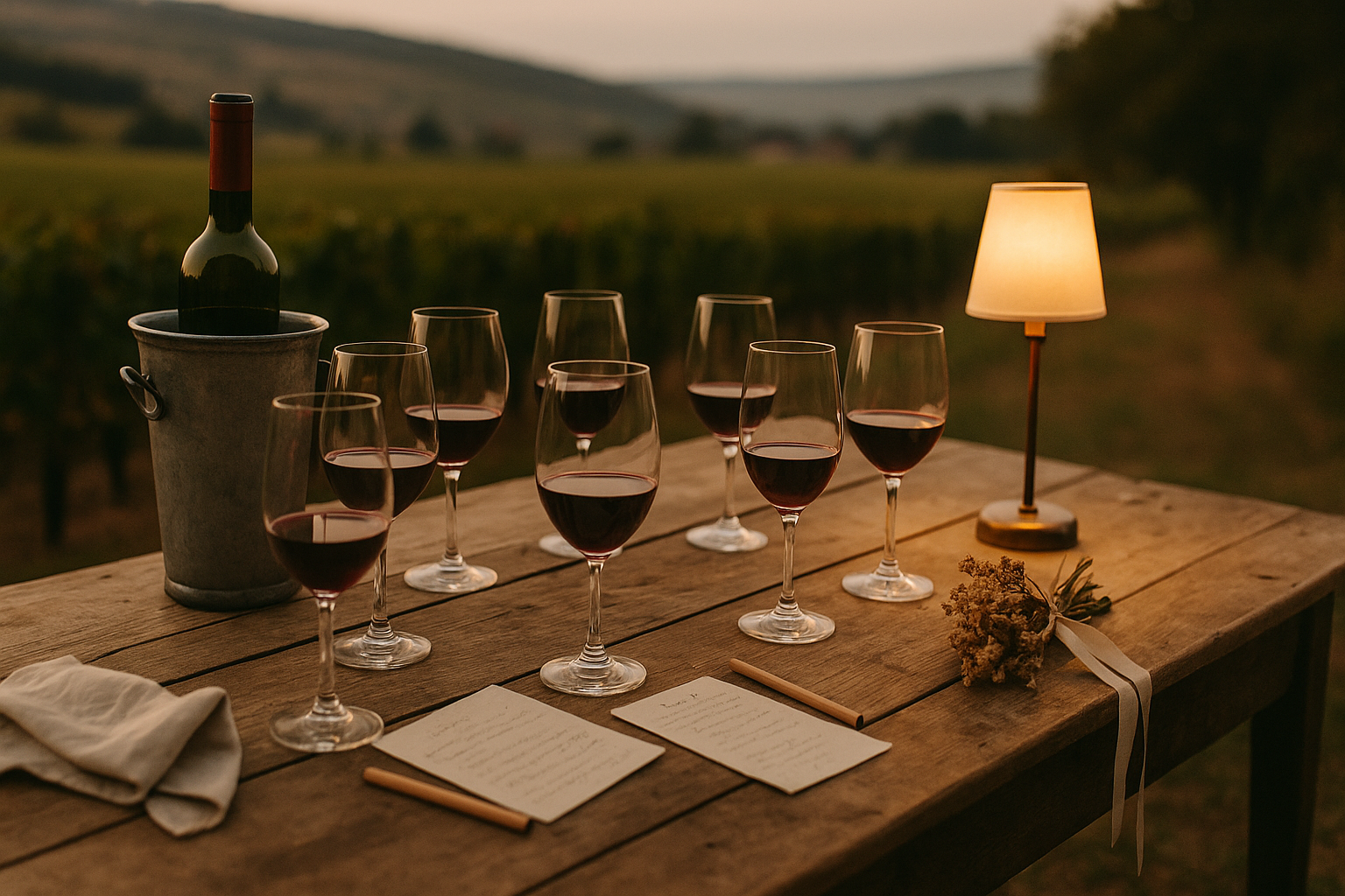 Table dressée au bord des vignes en Bourgogne avec verres dépareillés et bouteille au seau pour un EVJF œnologique