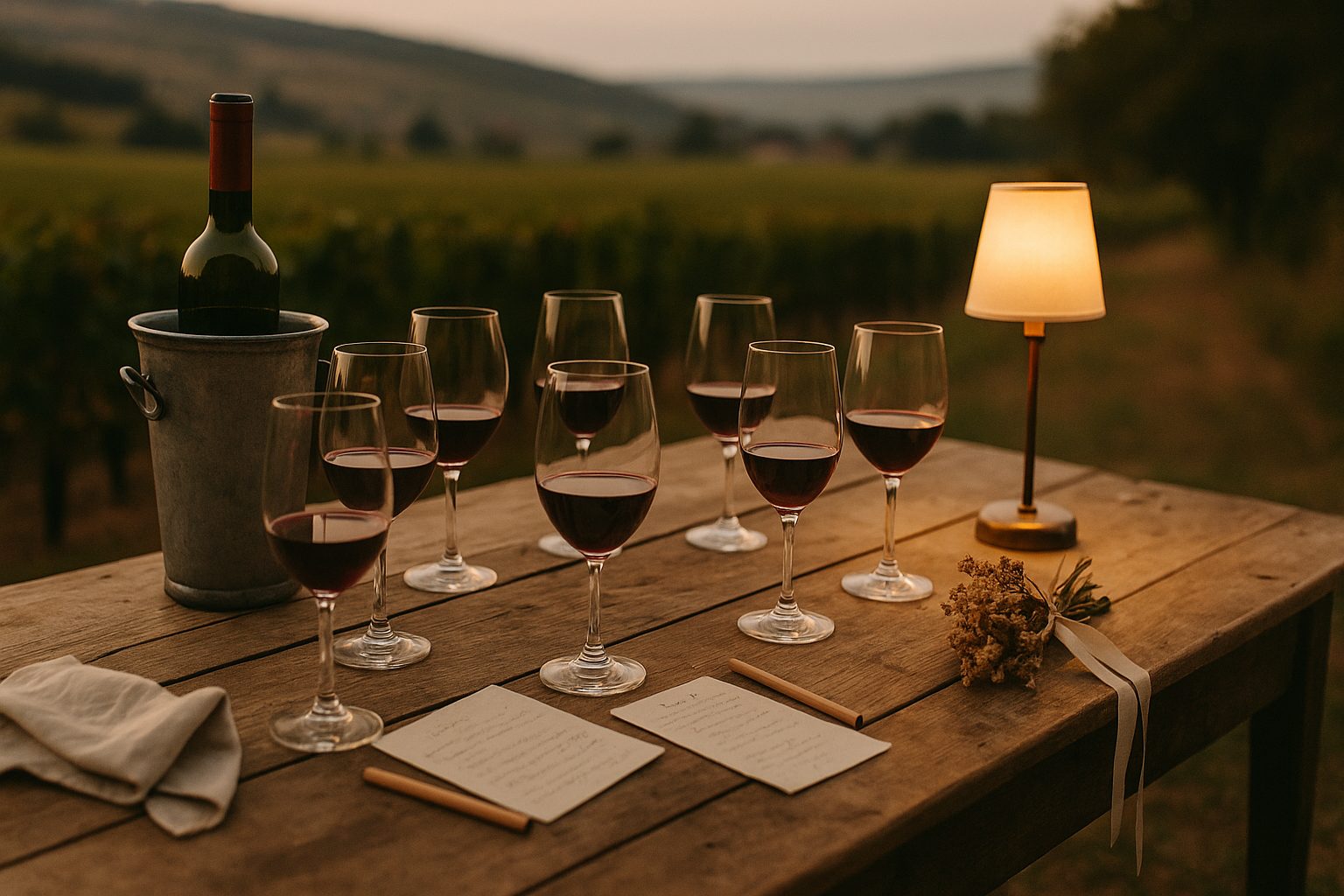 Table dressée au bord des vignes en Bourgogne avec verres dépareillés et bouteille au seau pour un EVJF œnologique