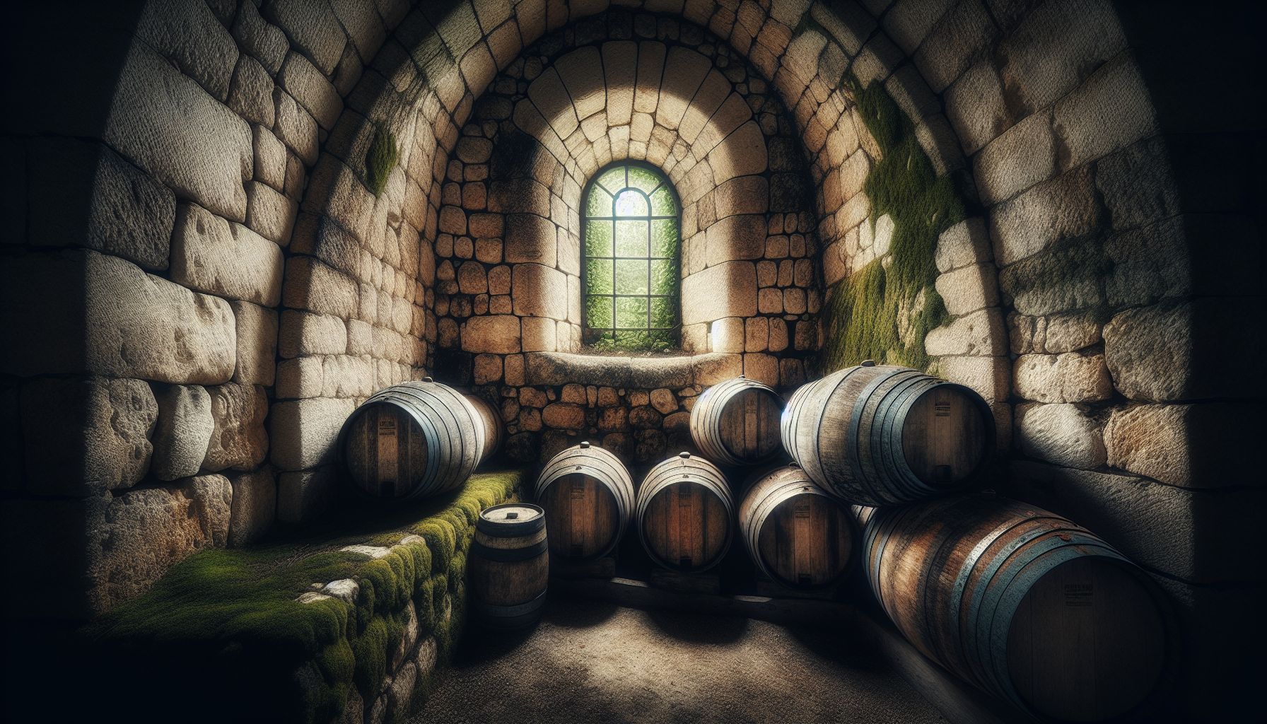 Cave voûtée ancienne avec barriques en chêne en Bourgogne, lumière naturelle tamisée, Côte de Nuits