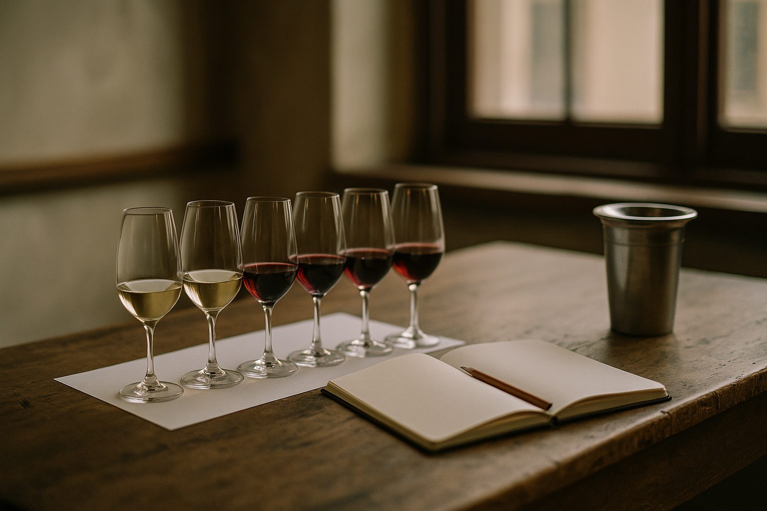 Verres de dégustation alignés sur une table en bois lors d'une formation à la dégustation du vin en Bourgogne