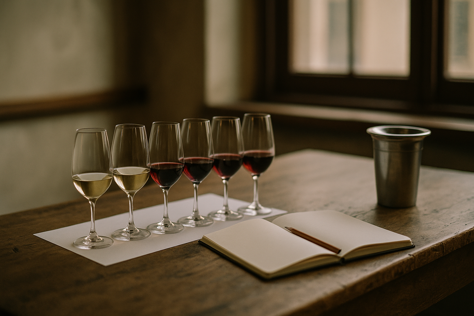 Tasting glasses lined up on a wooden table during a wine tasting course in Burgundy