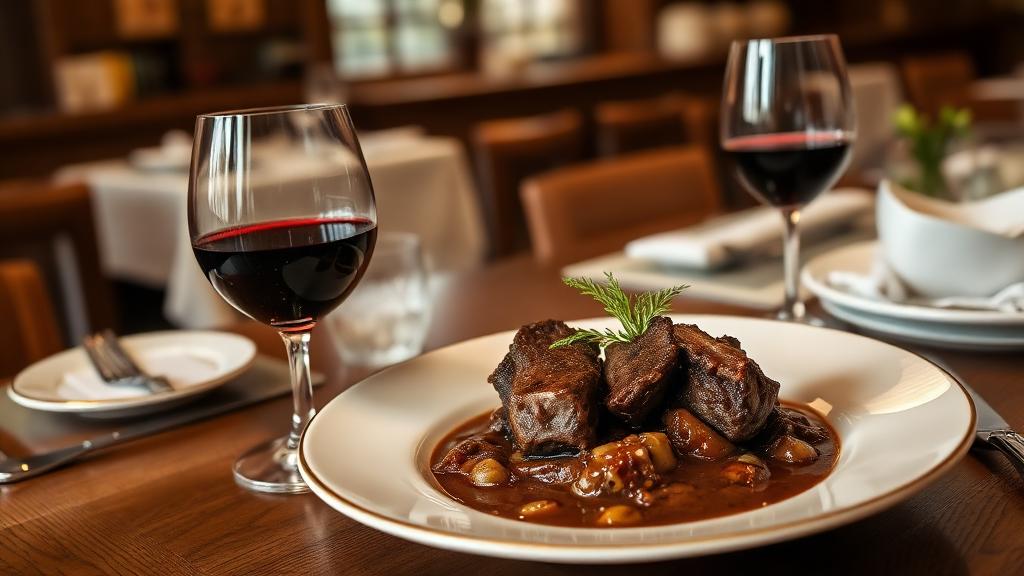 Gastronomy in Dijon — bœuf bourguignon with a glass of Burgundy Pinot Noir
