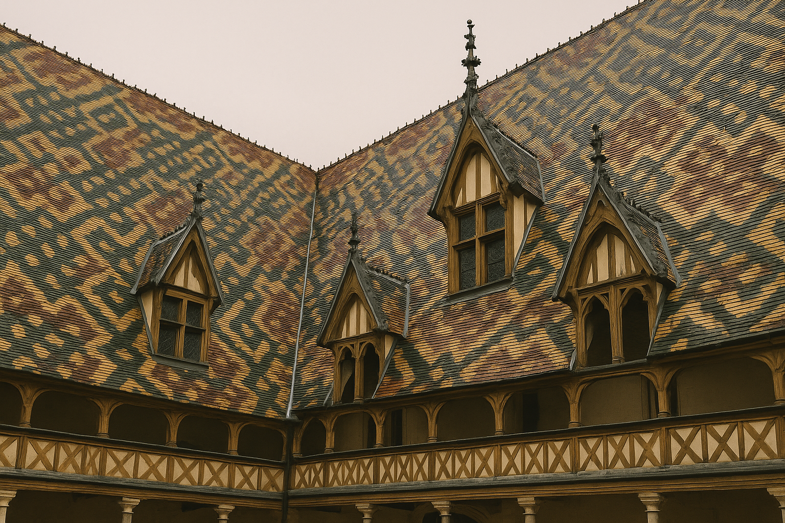 Toit en tuiles vernissées polychromes de l'Hôtel-Dieu des Hospices de Beaune, Côte-d'Or, Bourgogne