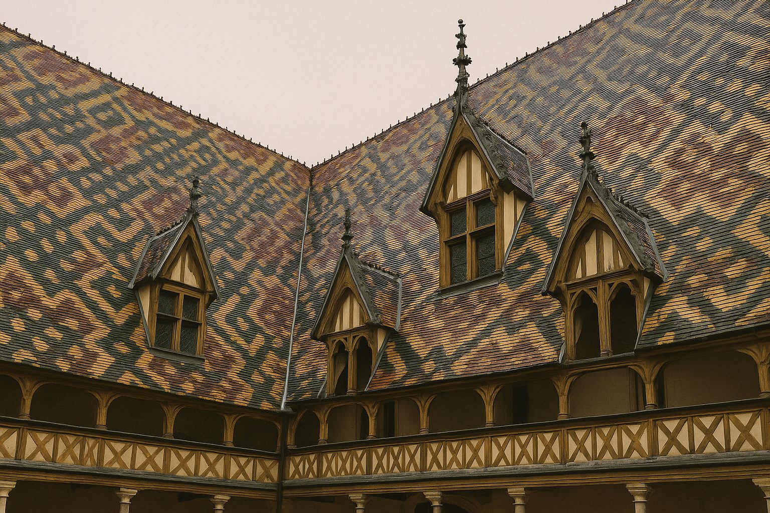 Toit en tuiles vernissées polychromes de l'Hôtel-Dieu des Hospices de Beaune, Côte-d'Or, Bourgogne