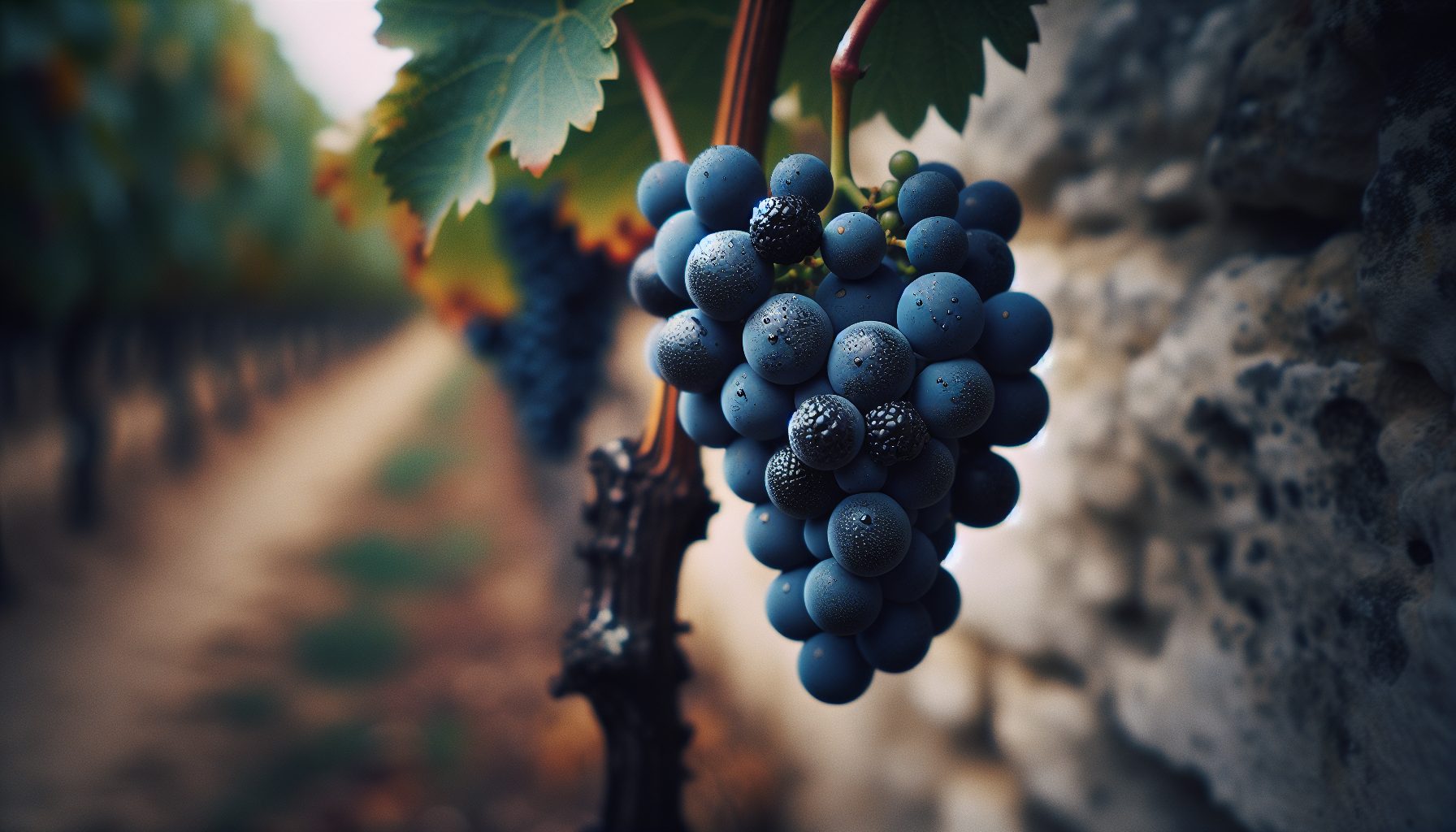 Grappes de Pinot Noir et de César sur la vigne dans le vignoble d'Irancy, Auxerrois, Bourgogne