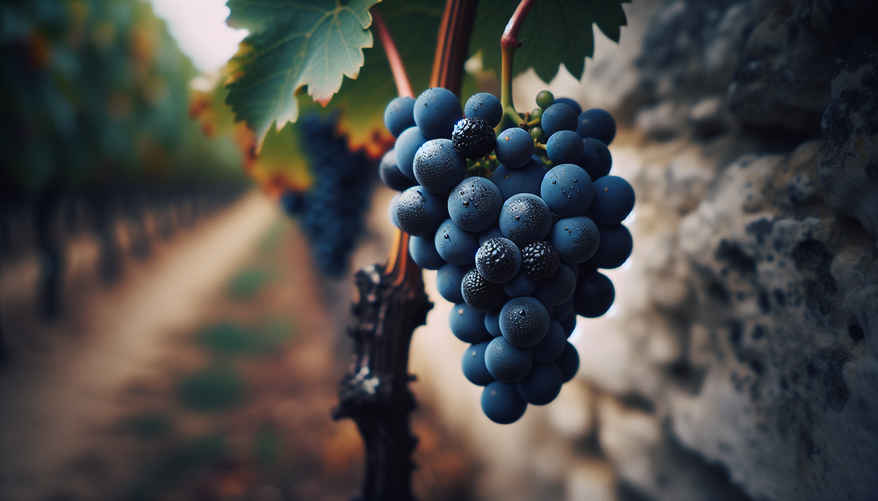 Grappes de Pinot Noir et de César sur la vigne dans le vignoble d'Irancy, Auxerrois, Bourgogne