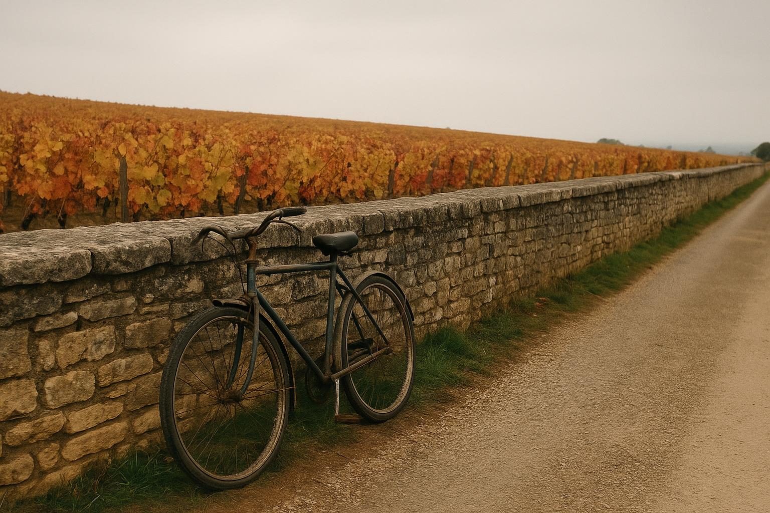Vélo posé contre le muret de pierre d'un clos de la Côte de Nuits, vignes de pinot noir en automne, itinéraire d'une journée depuis Dijon