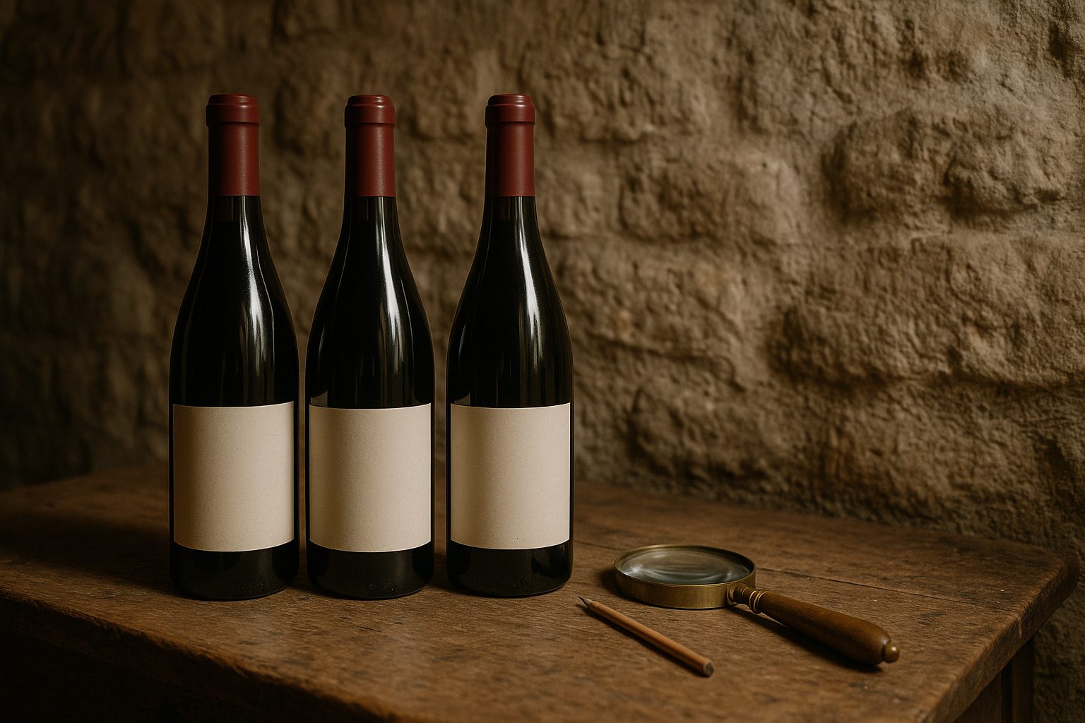 Bouteilles de vin de Bourgogne aux étiquettes vierges et loupe posée sur une table de cave en bois
