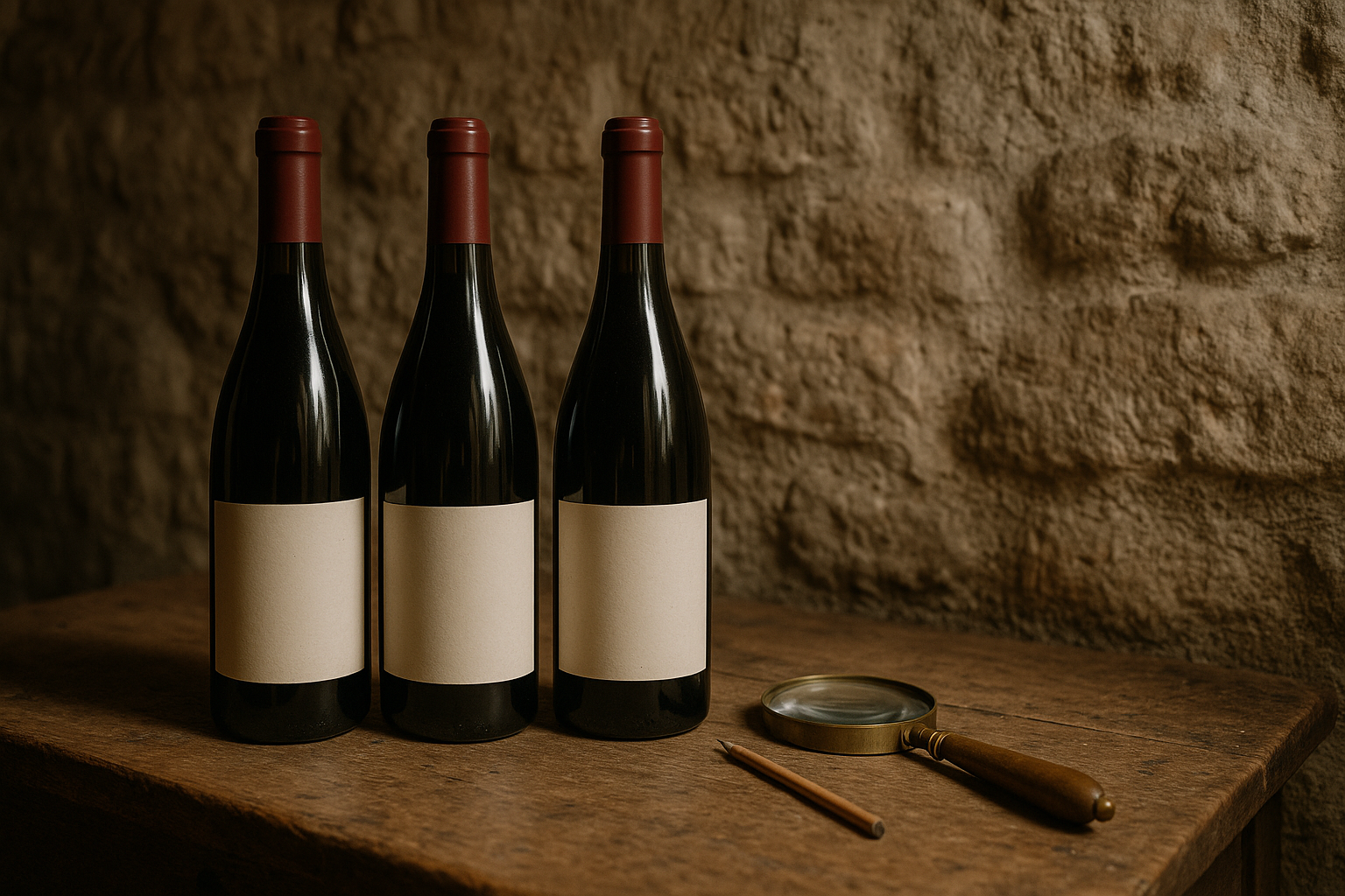 Burgundy wine bottles with blank labels and a magnifying glass on a wooden cellar table