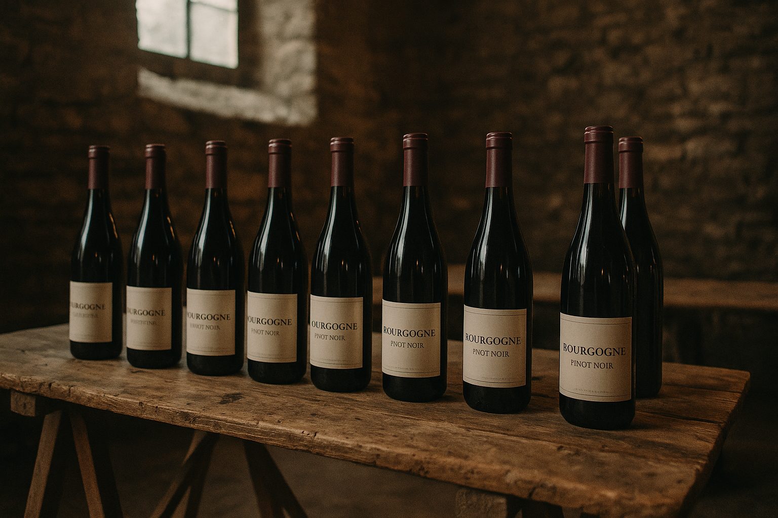 Bouteilles de vin de Bourgogne alignées sur un étal de marché vigneron en Côte d'Or