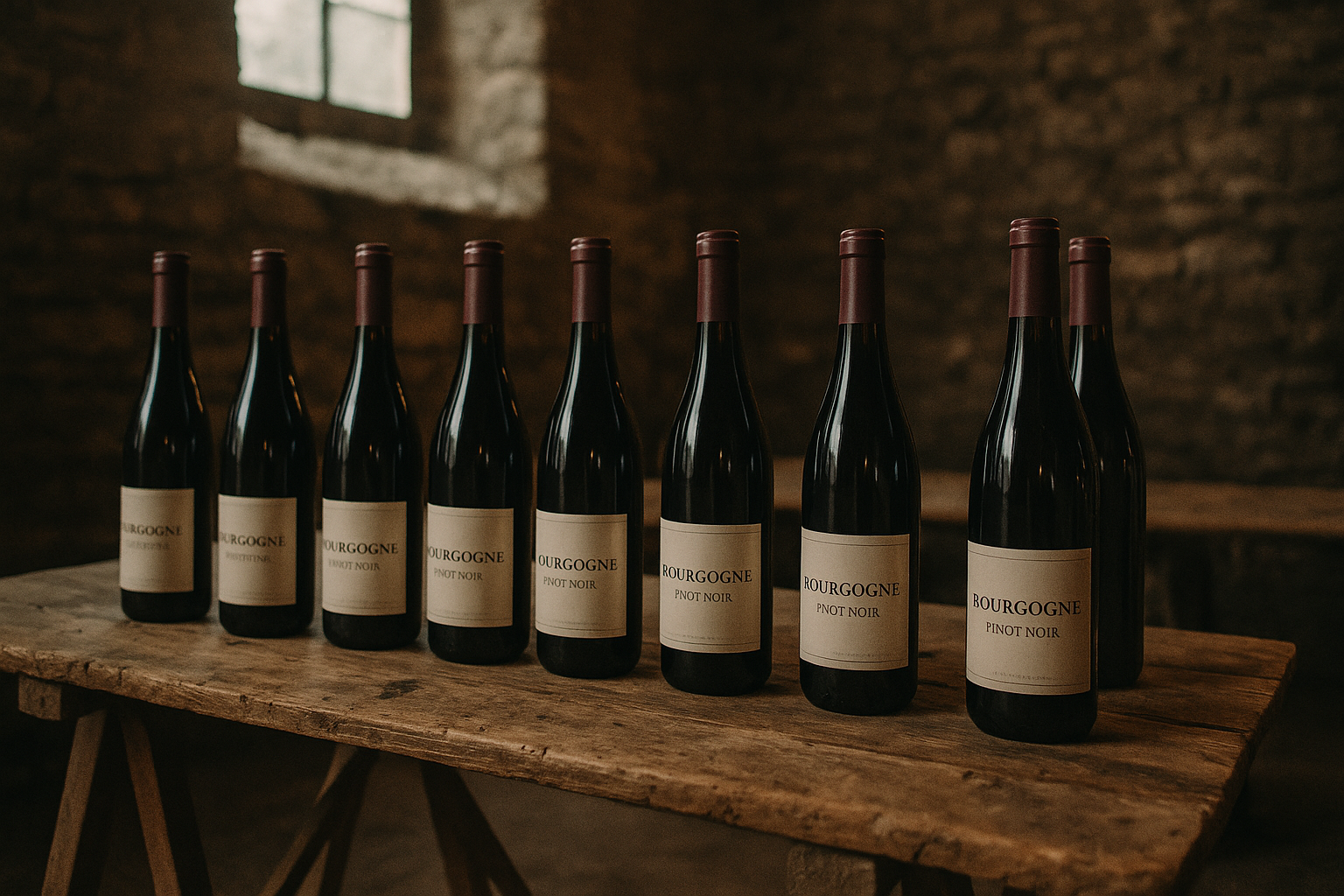 Bouteilles de vin de Bourgogne alignées sur un étal de marché vigneron en Côte d'Or