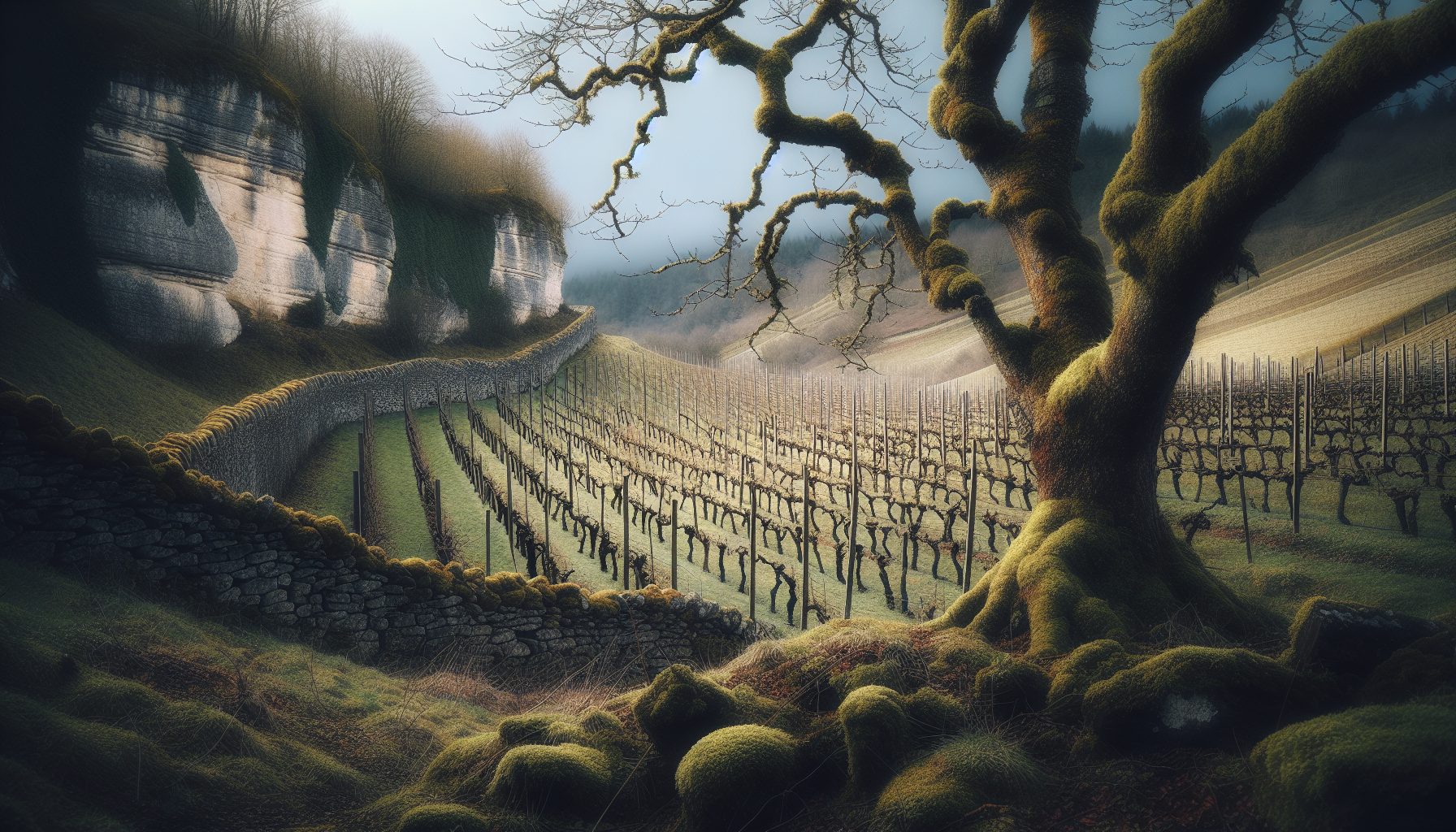 Vignes de Marsannay-la-Côte au printemps, Côte de Nuits, Bourgogne, mur de pierres calcaires