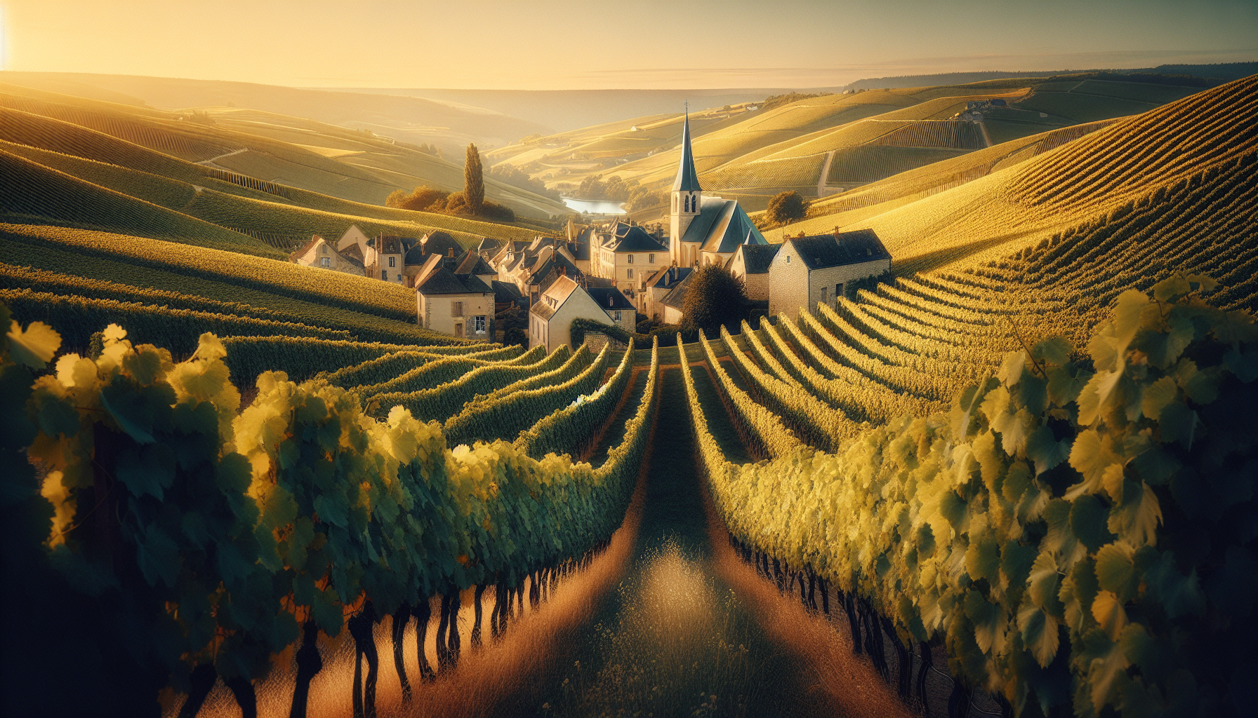 Vignobles de Meursault en Côte de Beaune, Bourgogne, rangées de vignes de Chardonnay au soleil couchant