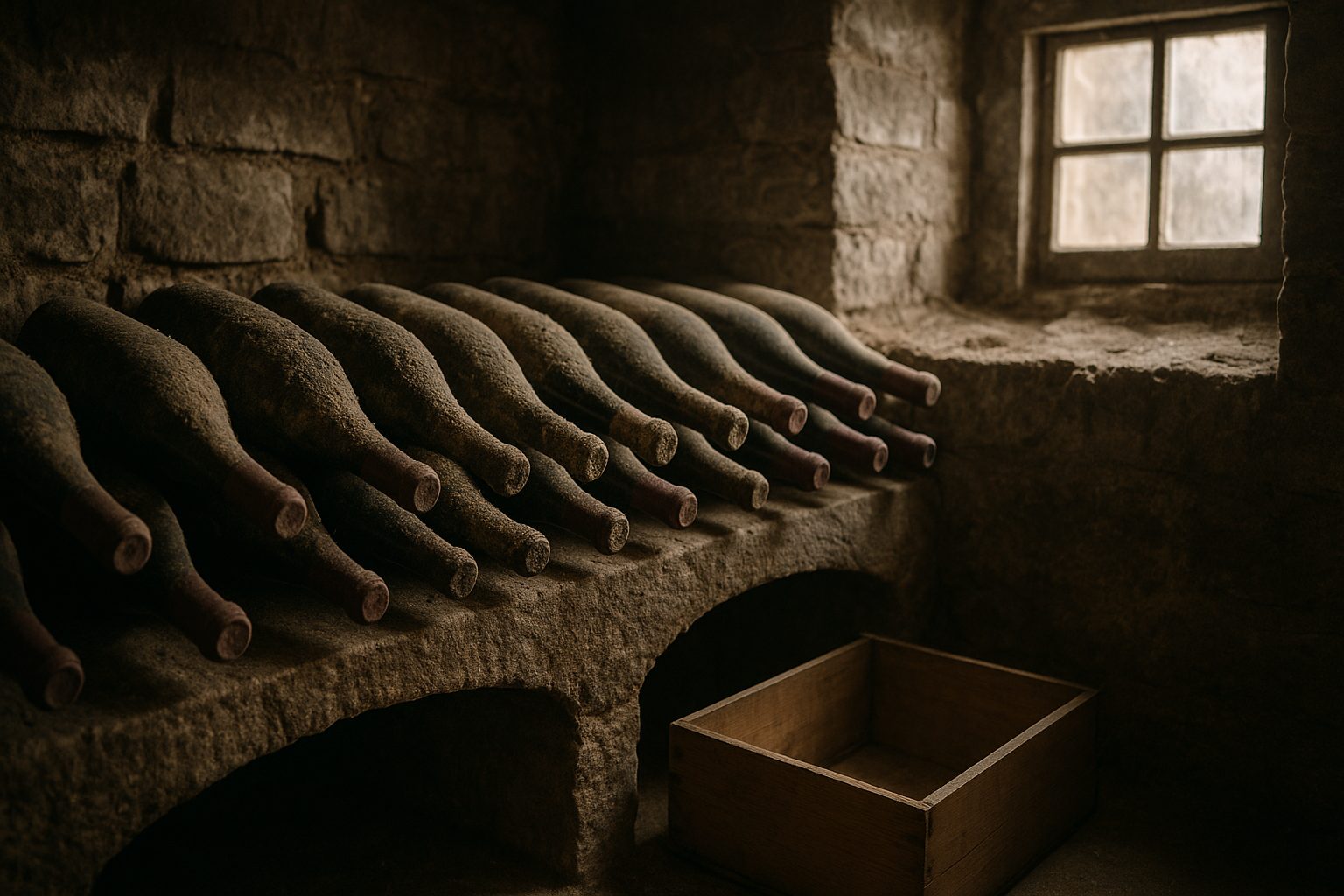 Dusty Burgundy bottles resting in a cellar rack, different vintages ageing