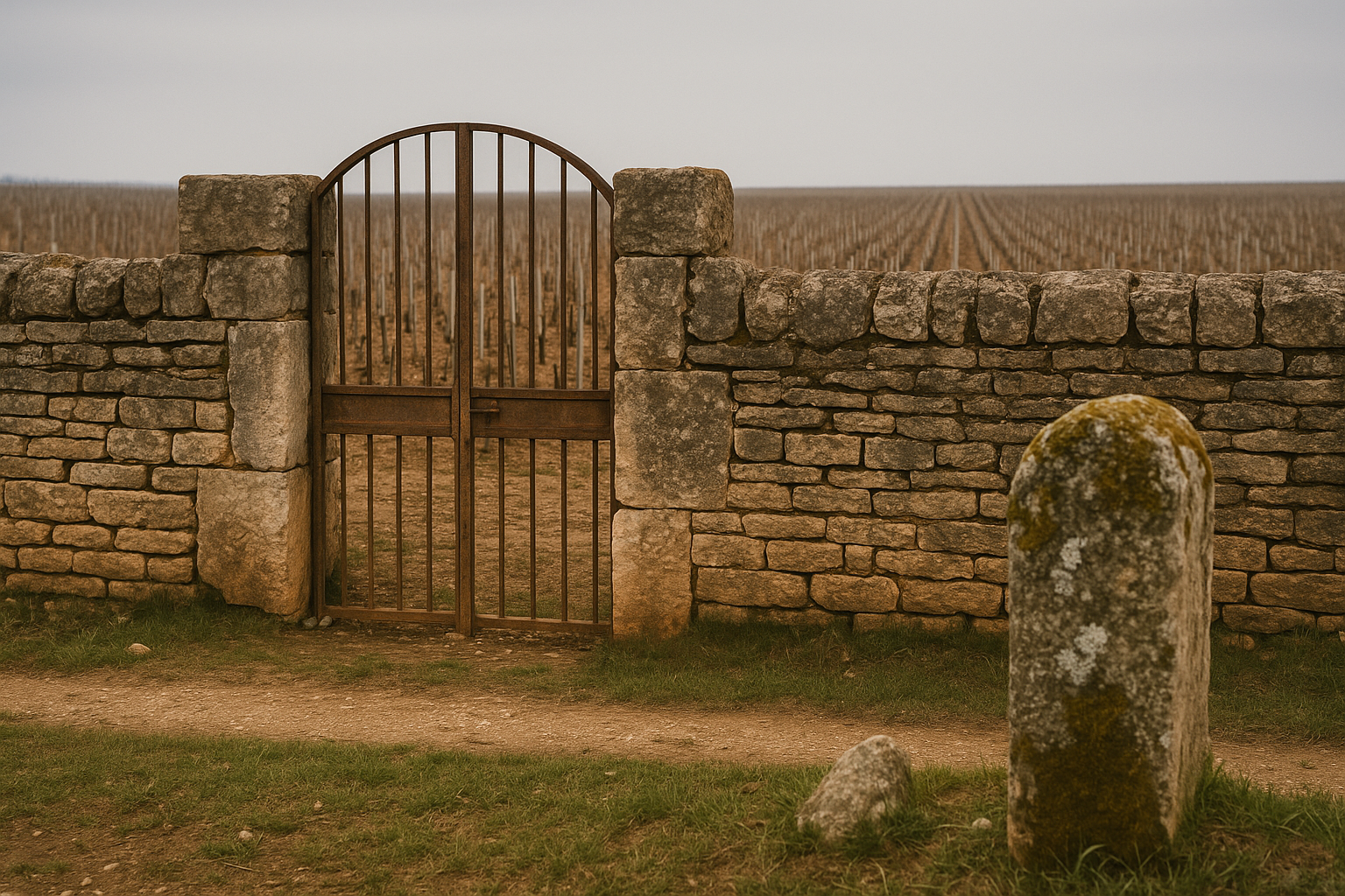 Mur de pierre et porte ancienne d'un clos de Grand Cru à Morey-Saint-Denis, Côte de Nuits, Bourgogne