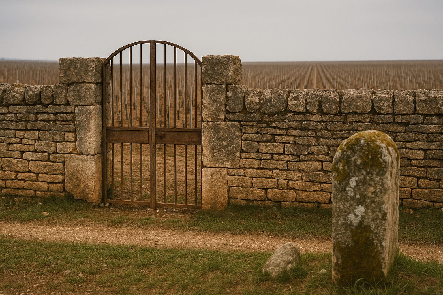 Mur de pierre et porte ancienne d'un clos de Grand Cru à Morey-Saint-Denis, Côte de Nuits, Bourgogne